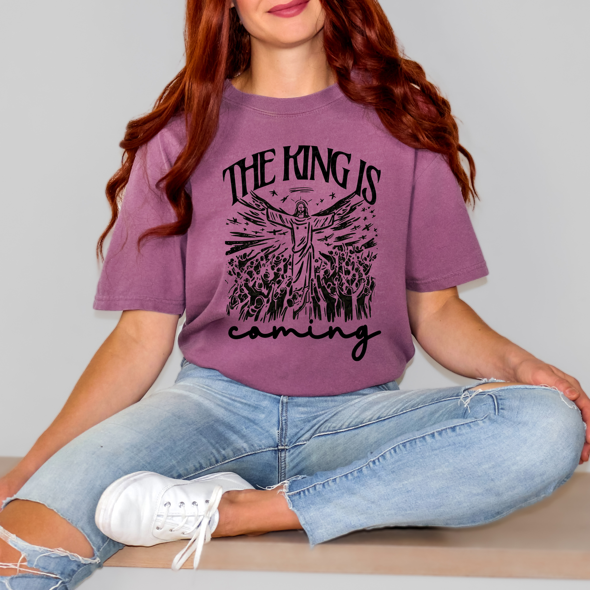 The King is Coming Jesus and Angel Black Font 111790 DTF transfer