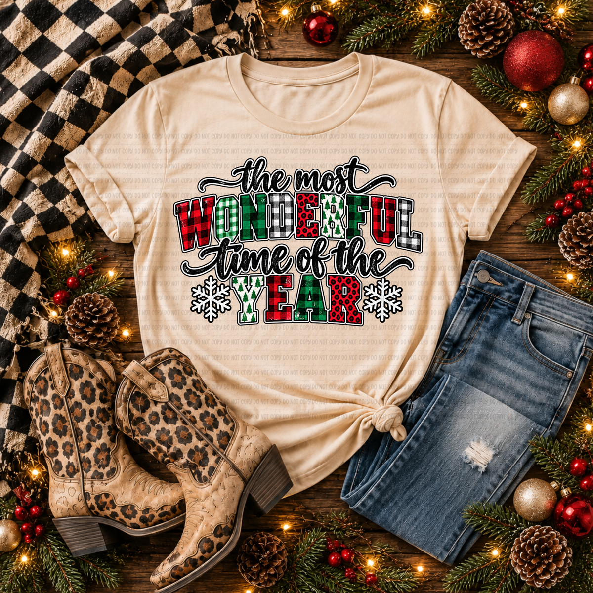 The Most Wonderful Time Of The Year-Plaid and Tree Font (Revel) DTF Transfer
