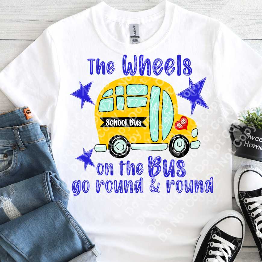The wheels on the bus BLUE with stars (Irene) DTF Transfer