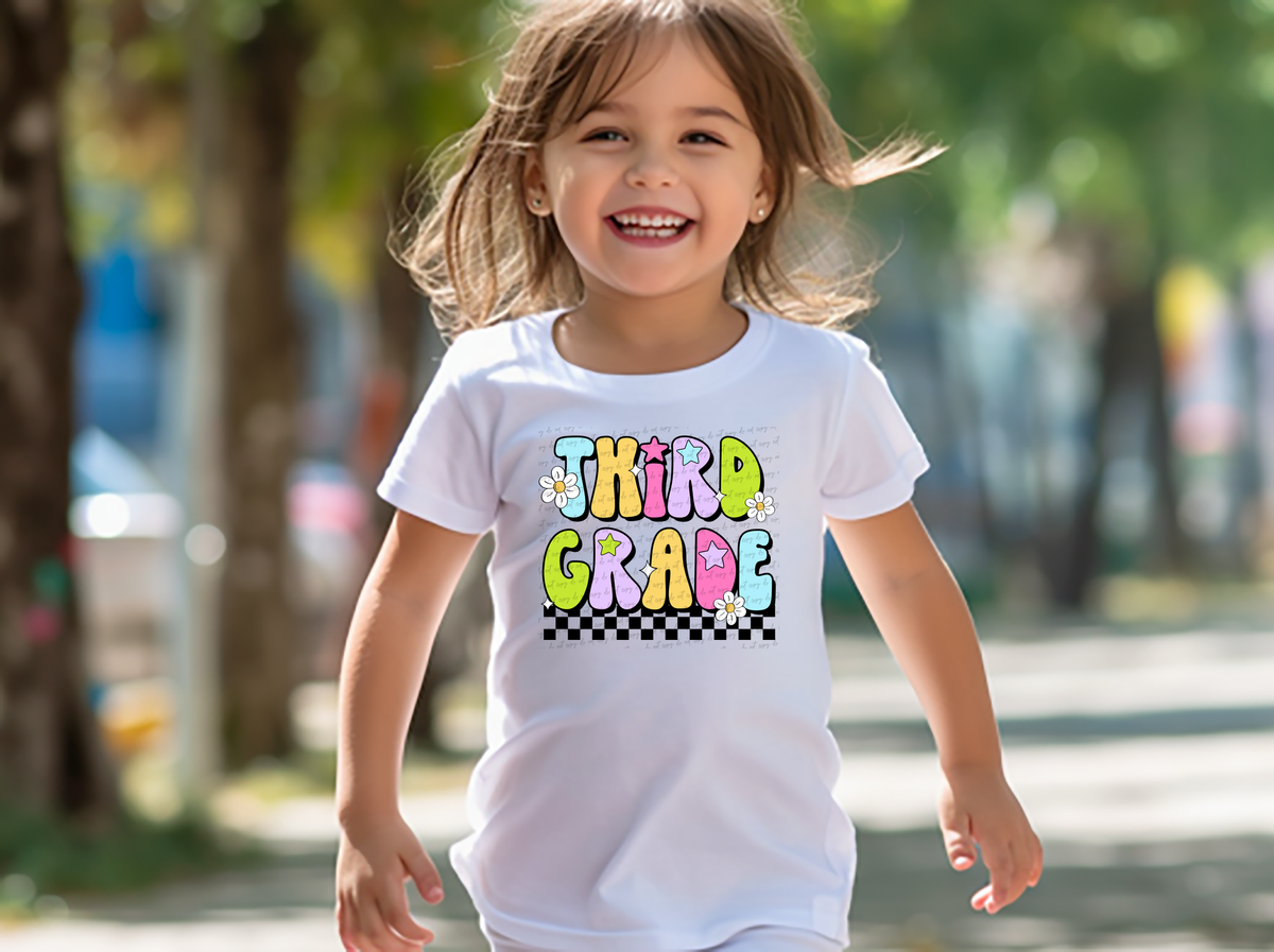 Third Grade Groovy Checkered Floral And Stars 108732 DTF transfer