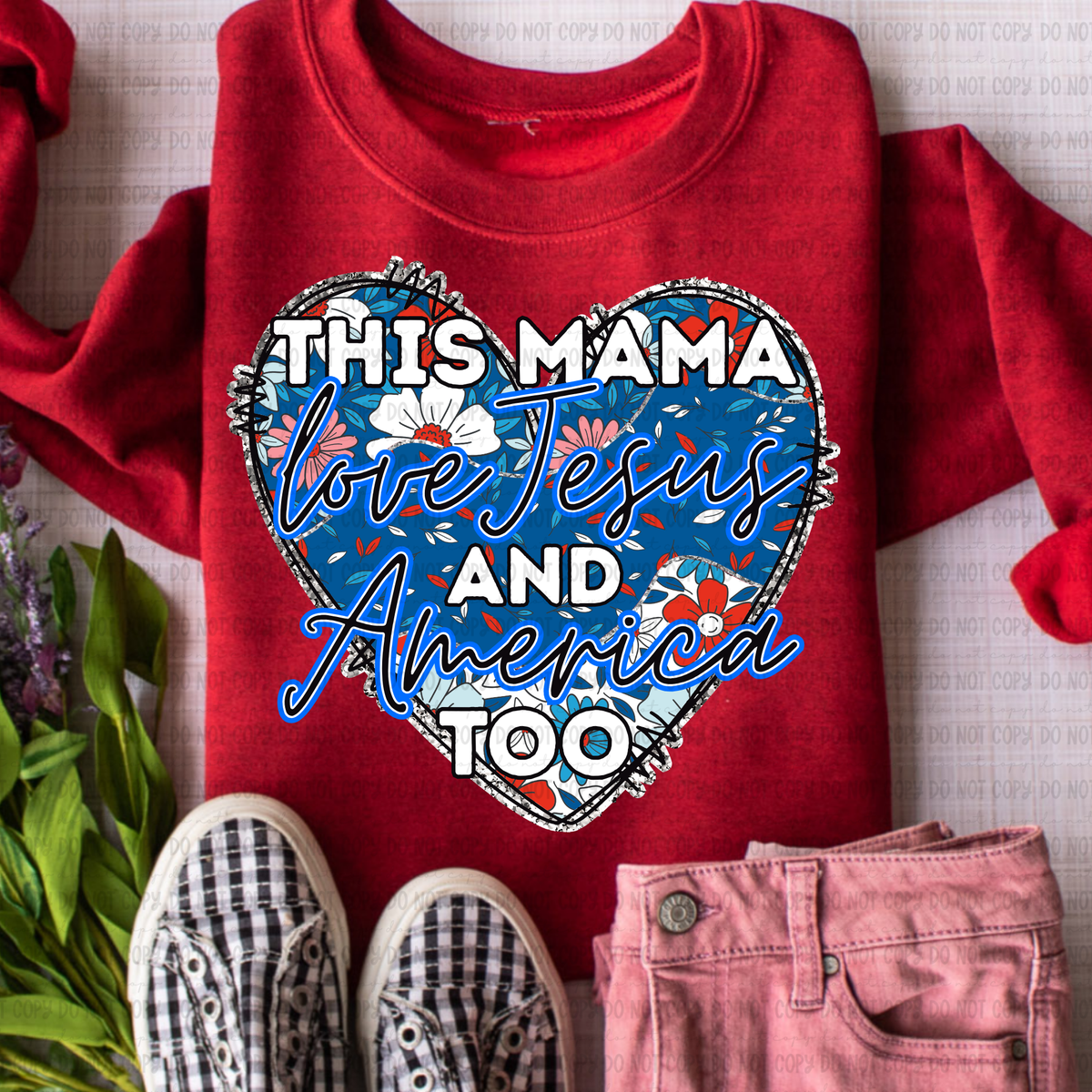 This mama loves Jesus and America too heart (Revel) 106834 DTF transfer