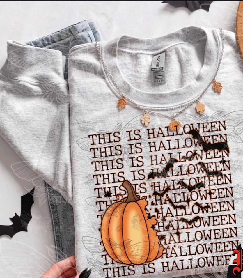 This is Halloween pumpkin and bats black font DTF Transfer
