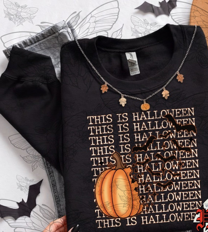 This is Halloween pumpkin and bats white font DTF Transfer