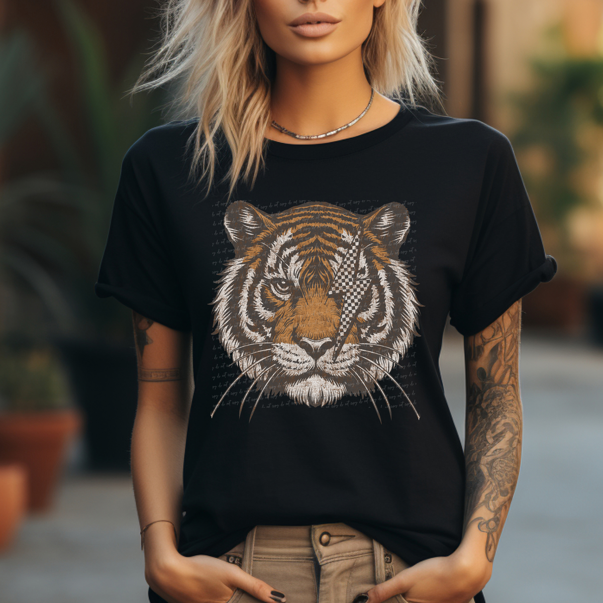 Tiger Face Checkered Lightning Bolt Eye Stained 86812 DTF Transfer