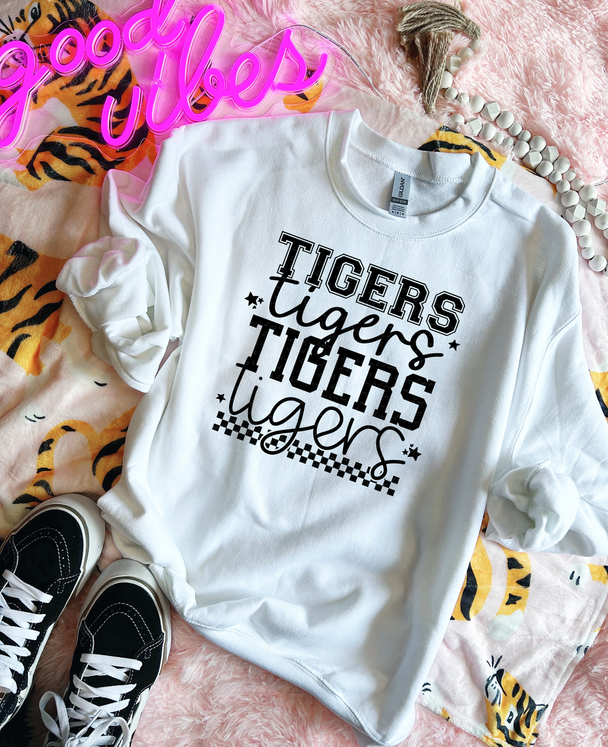 Tigers Varsity And Cursive Font Checkers Black 86634 DTF Transfer
