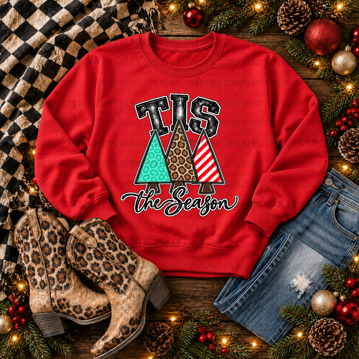 Tis the Season-Green Leopard Red Stripe Trees (Revel) DTF Transfer