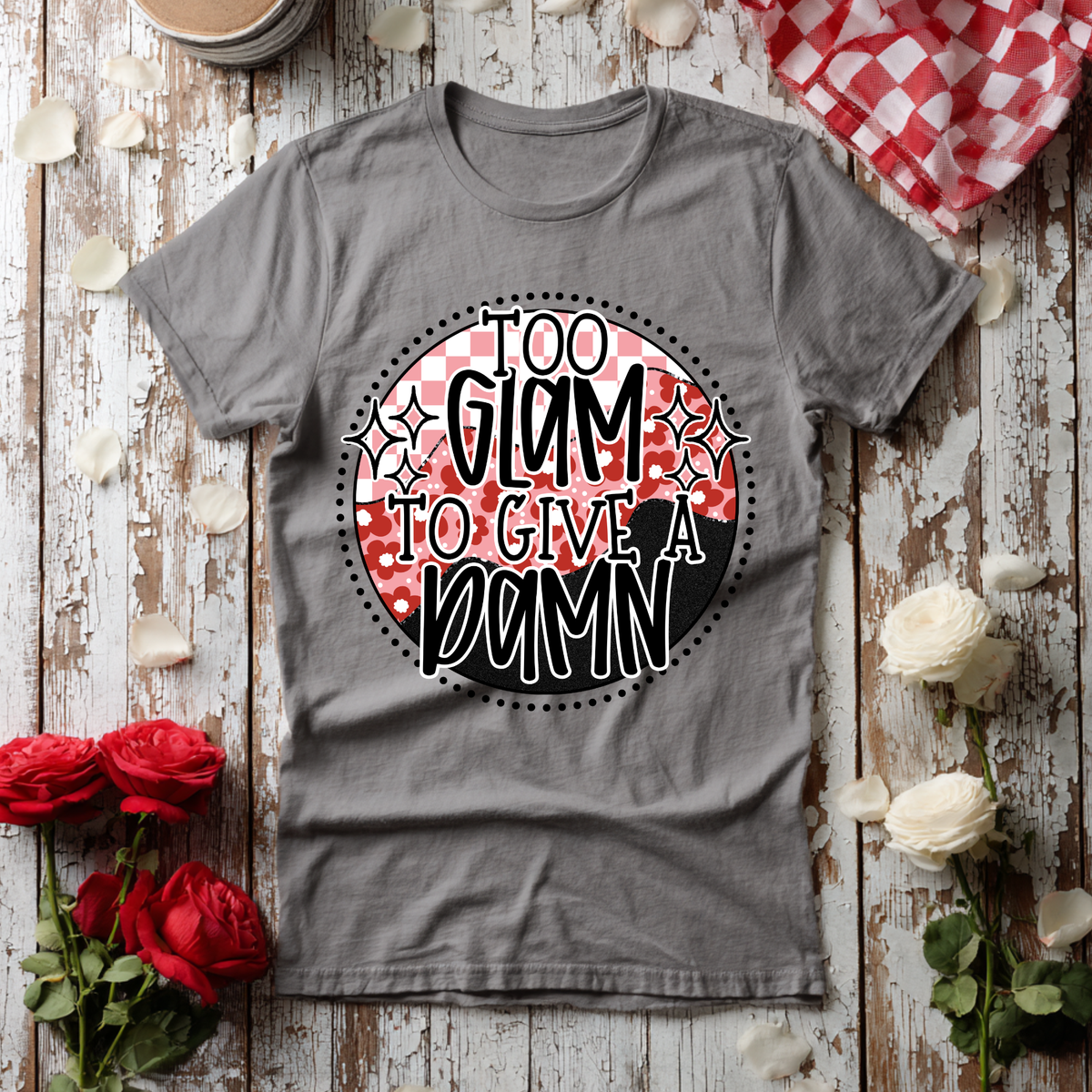To glam to give pink checkered circle with faux glitter (Revel) DTF Transfer
