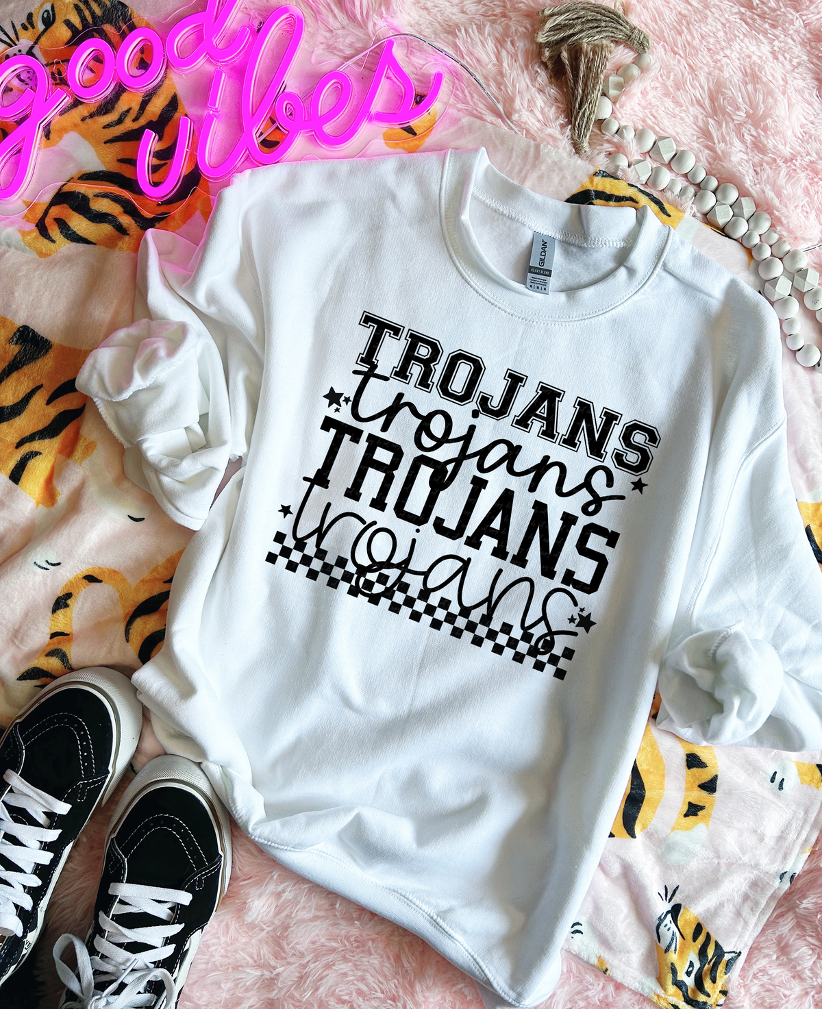 Trojans Varsity And Cursive Font Checkers Black 86636 DTF Transfer
