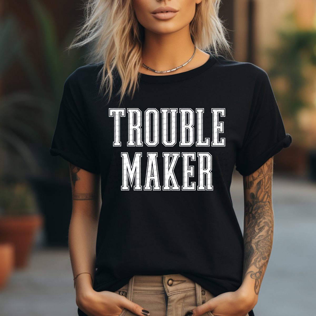 Trouble Maker Varsity Font White 86743 DTF Transfer
