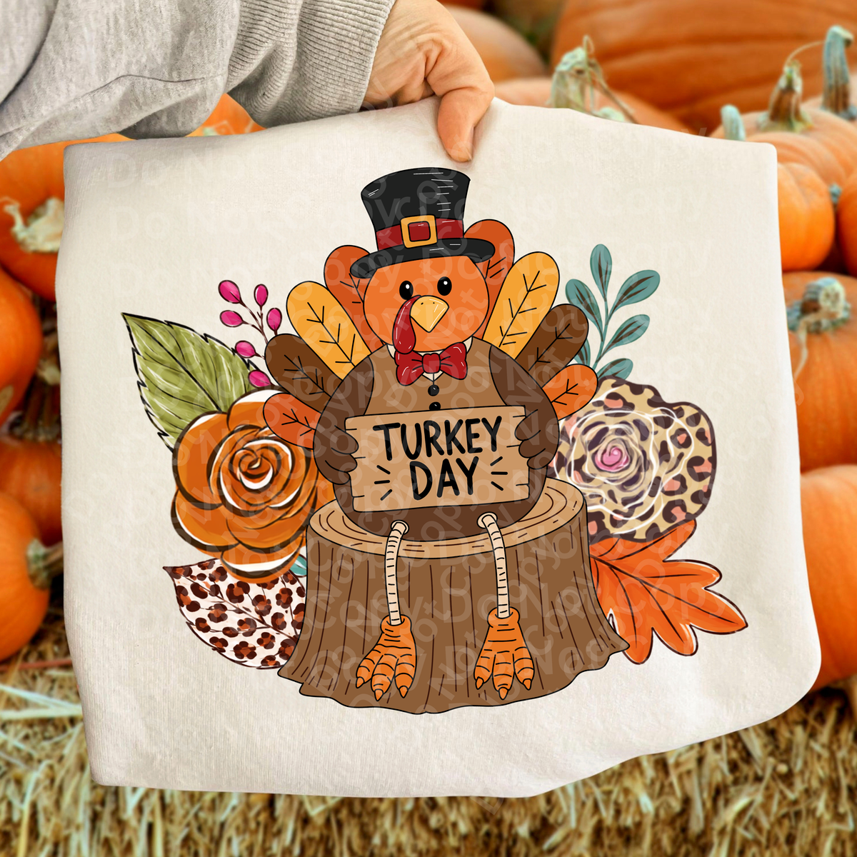 Turkey day turkey holding sign sitting on log (Irene) DTF transfer