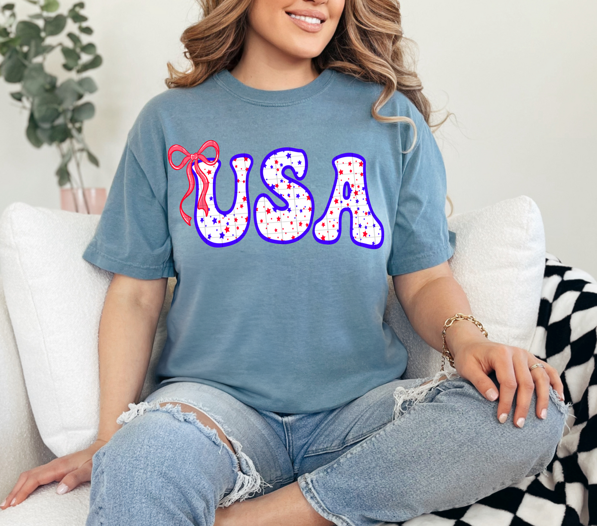 USA blue outline with red bow (40e) DTF Transfer