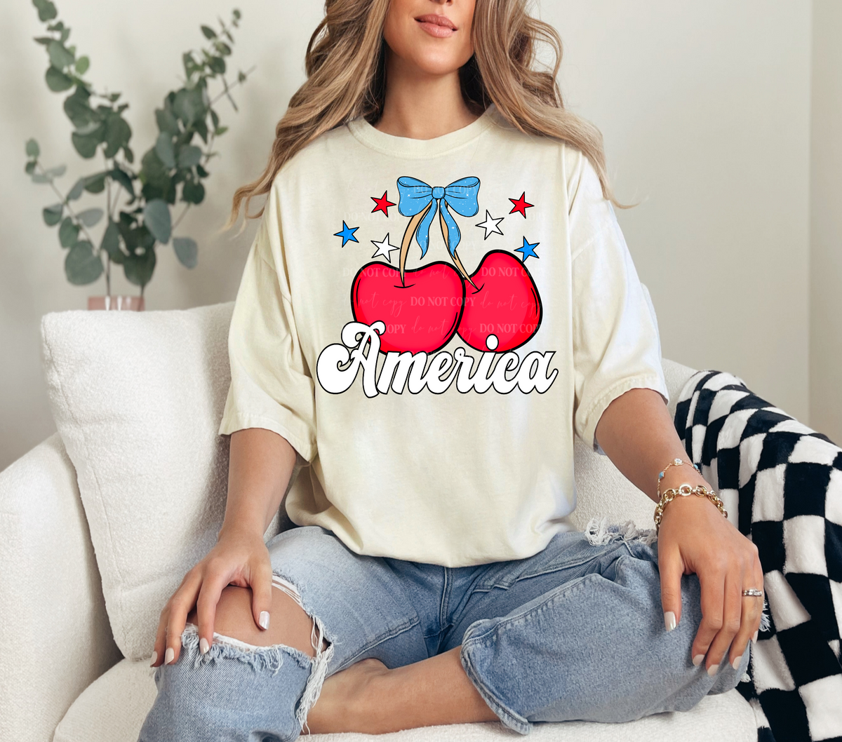 America light blue bow cherries (Linda) DTF transfer