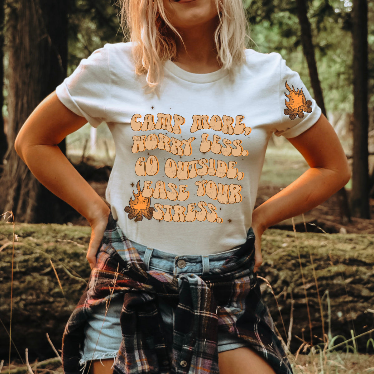 Camp more worry less go outside ease your stress orange DTF TRANSFER