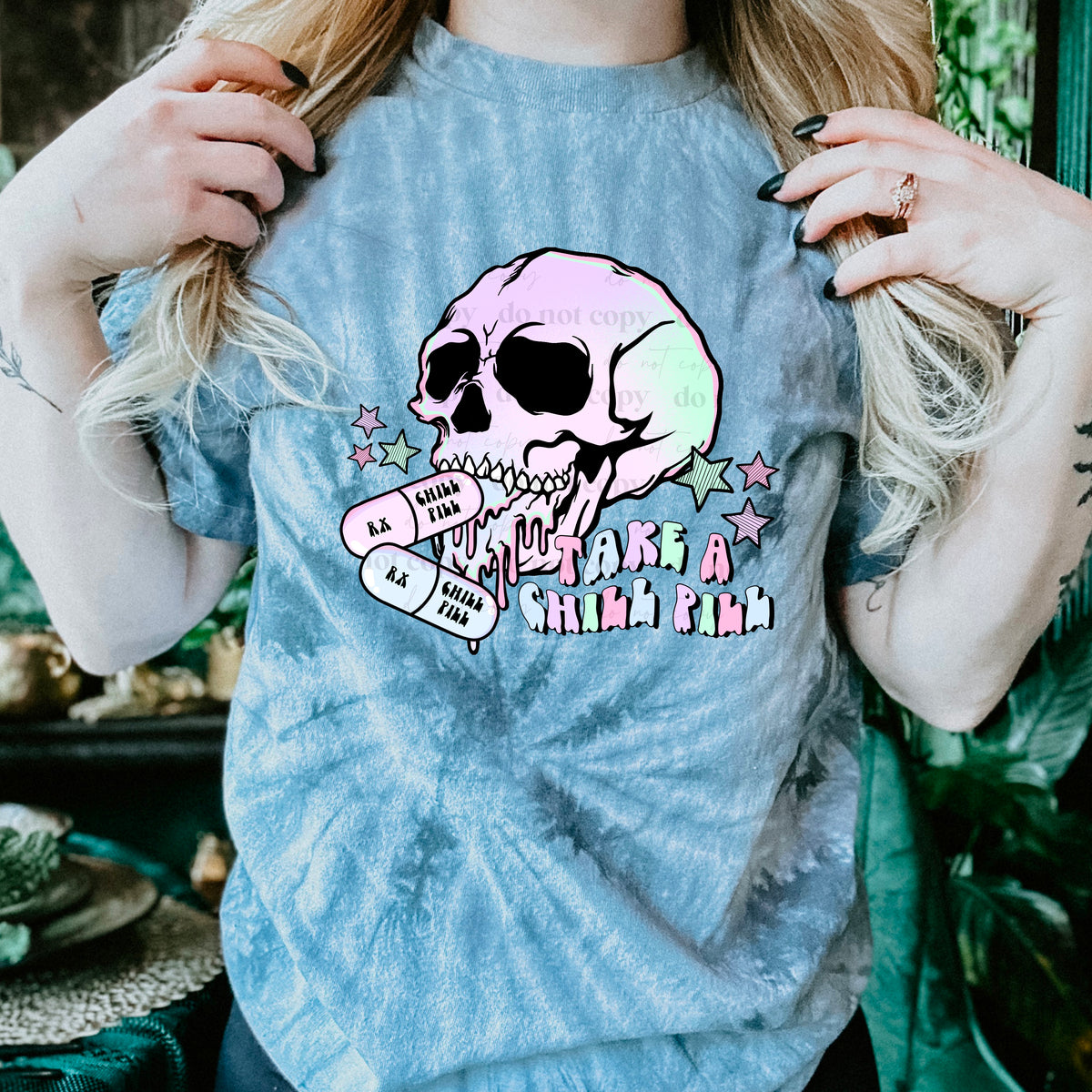 Taje a chill pill pink and green Skull  2173 DTF TRANSFER