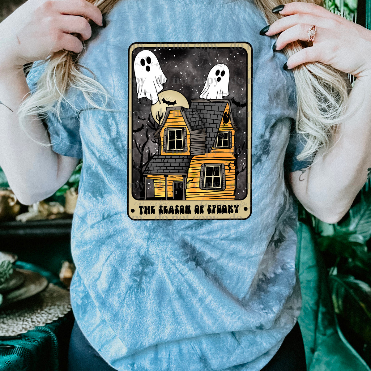 The season of spooky ghost card with orange house DTF TRANSFER