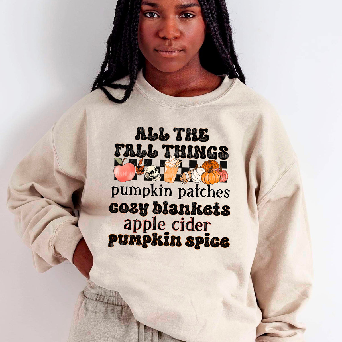All the fall things (pumpkin patches, cozy blankets, apple cider, pumpkin spice) checkered background with skellie 2182 DTF TRANSFER