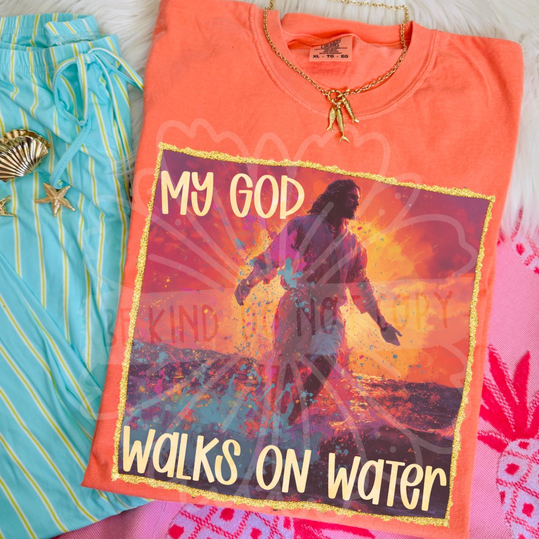 My god walks on water gold outline (Vehement) DTF Transfer
