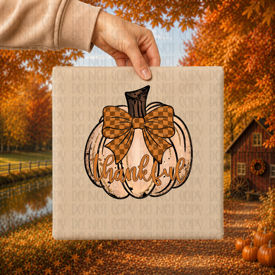 thankful pumpkin with orange checkered bow (ABD) DTF Transfer