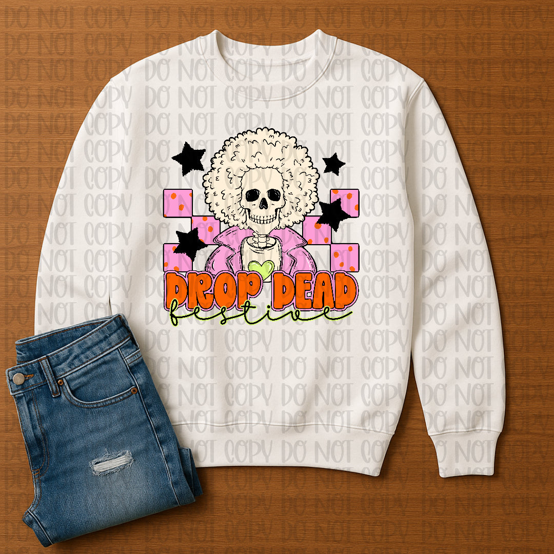 Drop dead skeleton with afro and checkered back ground (CST) DTF Transfer