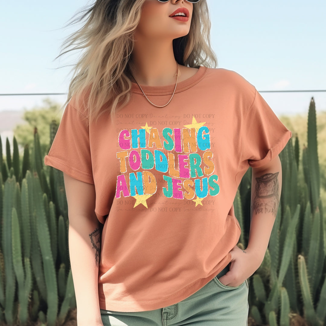 Chasing toddlers and Jesus yellow stars (Scarlow) DTF Transfer