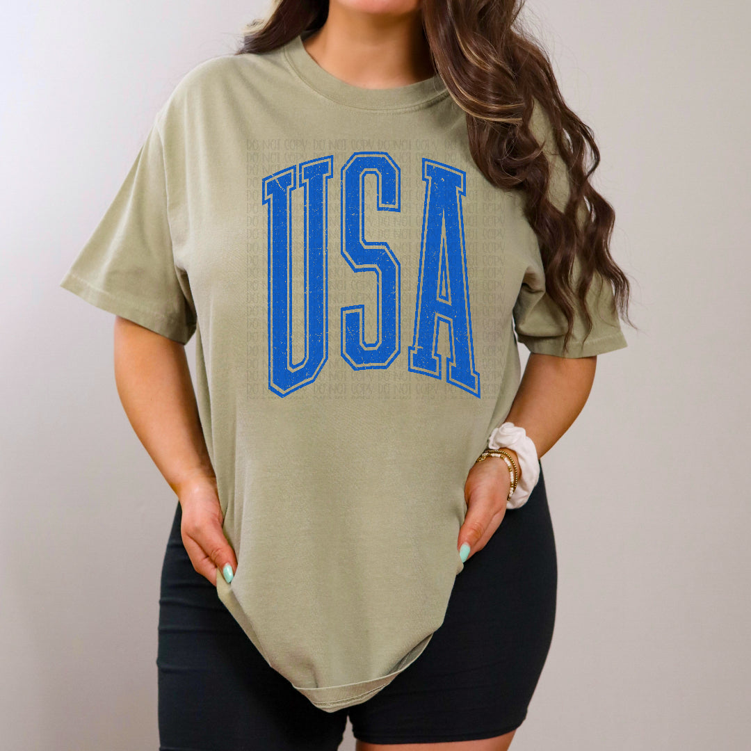 USA varsity arched BLUE (Scarlow) DTF Transfer