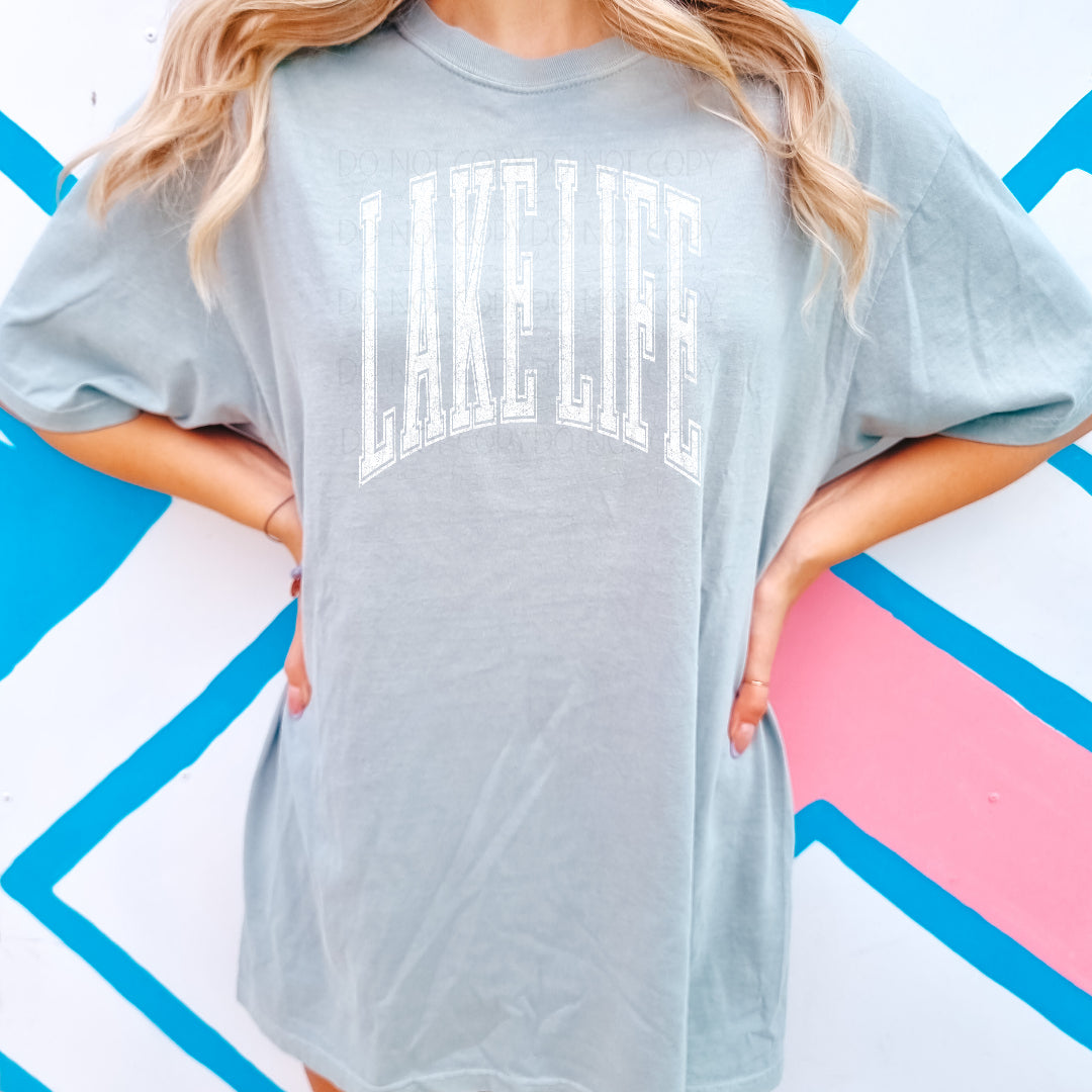Lake life varsity arched WHITE (Scarlow) DTF Transfer