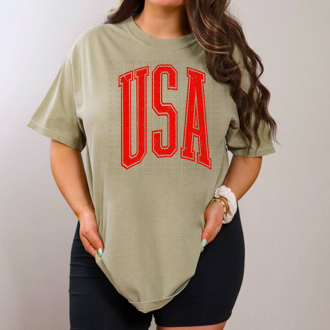 USA varsity arched RED (Scarlow) DTF Transfer