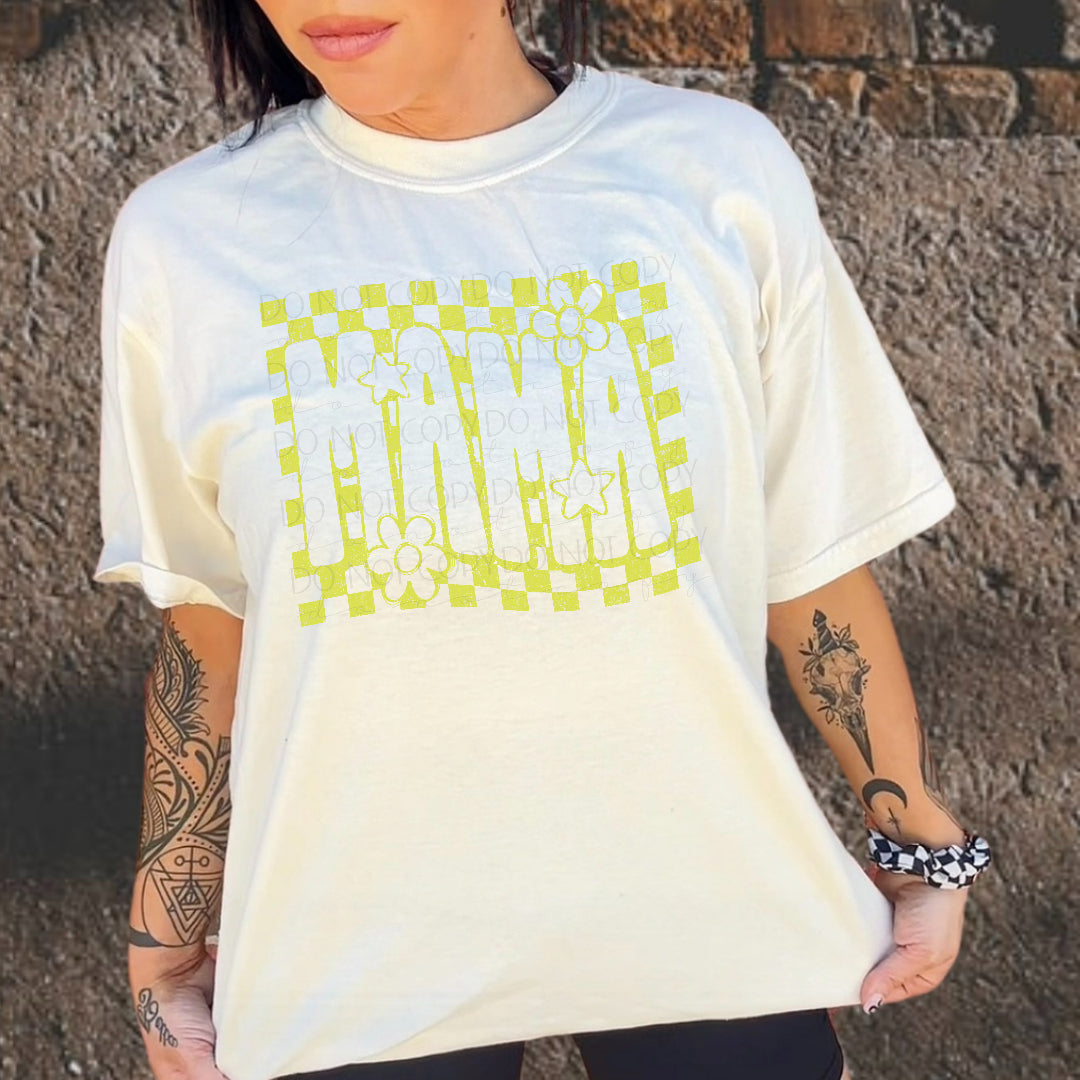 Mama YELLOW checkered flower and stars (Scarlow) DTF Transfer