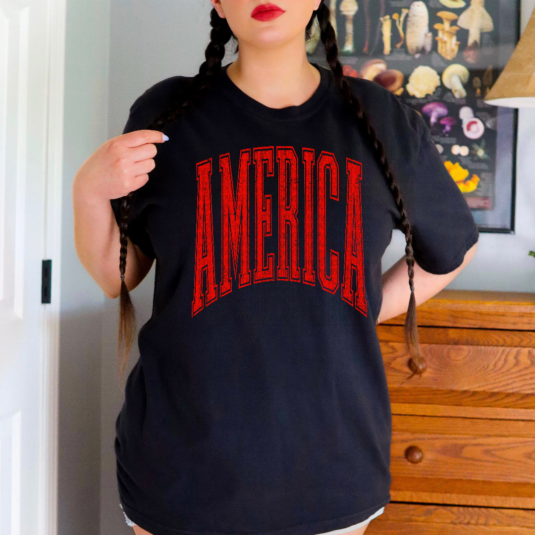America varsity arched RED (Scarlow) DTF Transfer