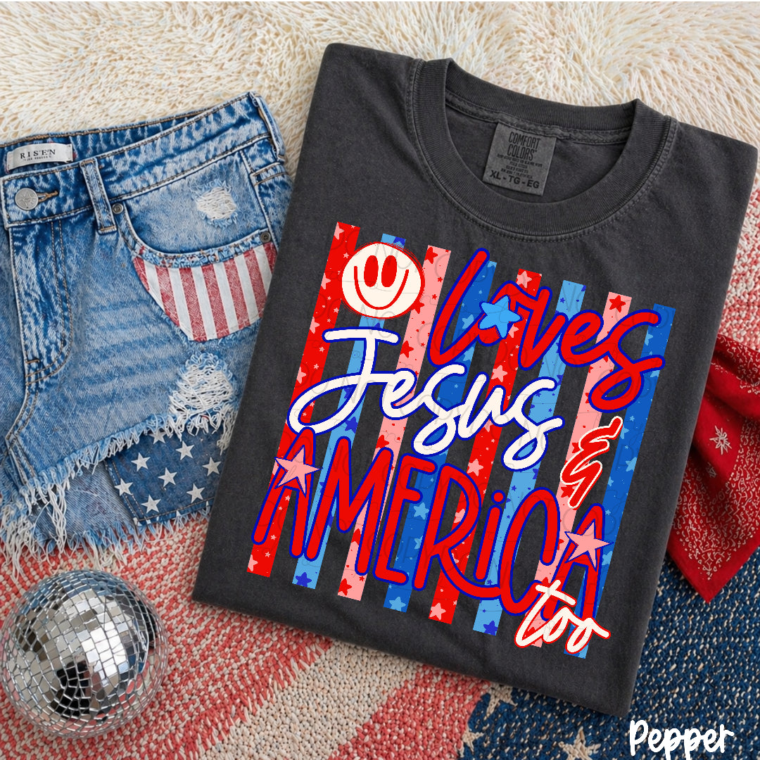 Loves Jesus and America too red and blue strips (Scarlow) DTF Transfer