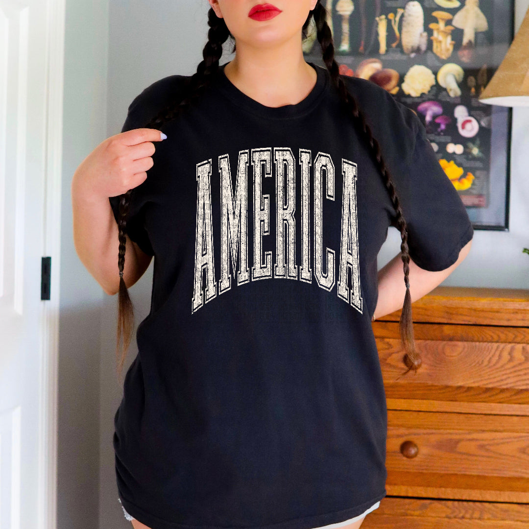 America varsity arched WHITE (Scarlow) DTF Transfer