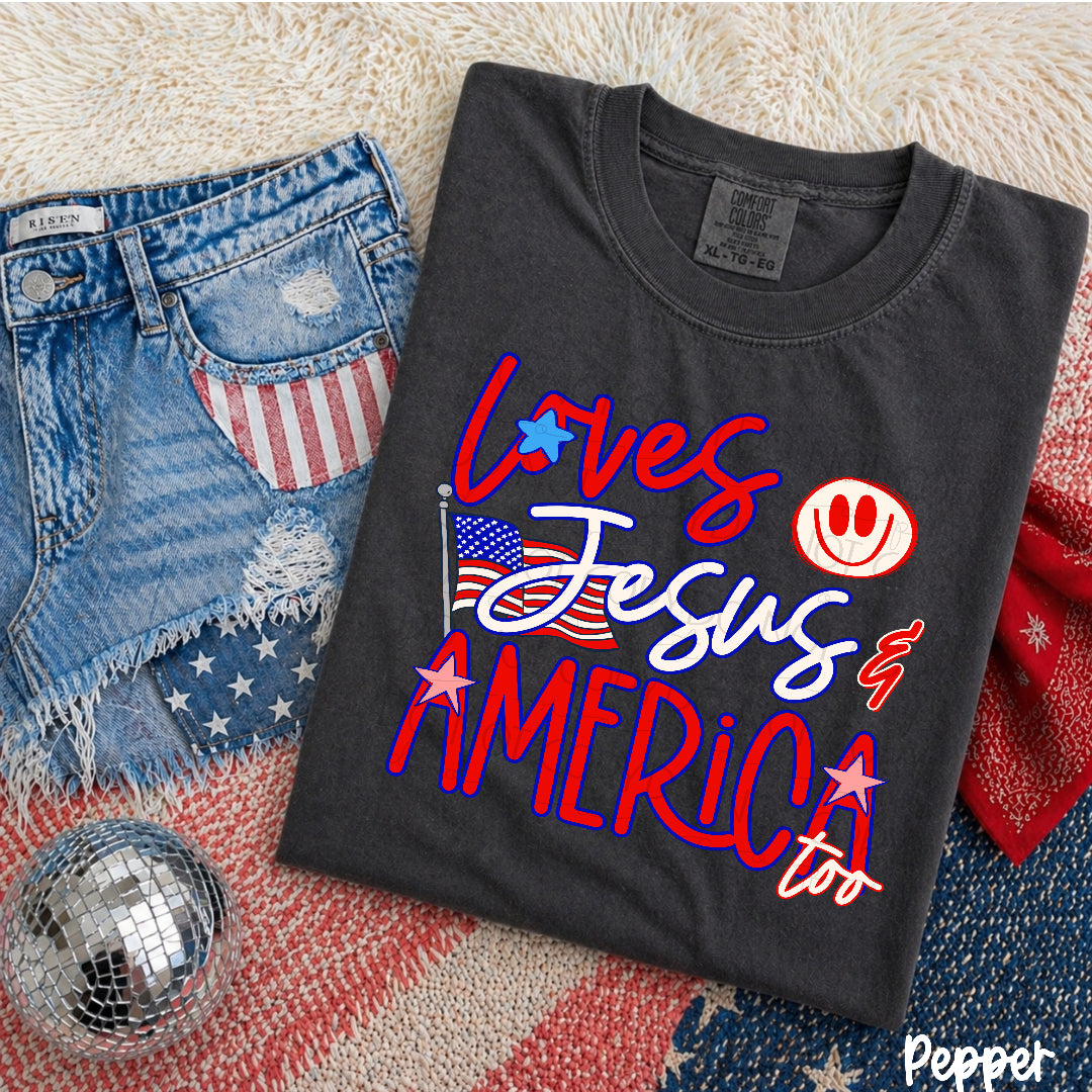 Loves Jesus and America too BLUE outline (Scarlow) DTF Transfer