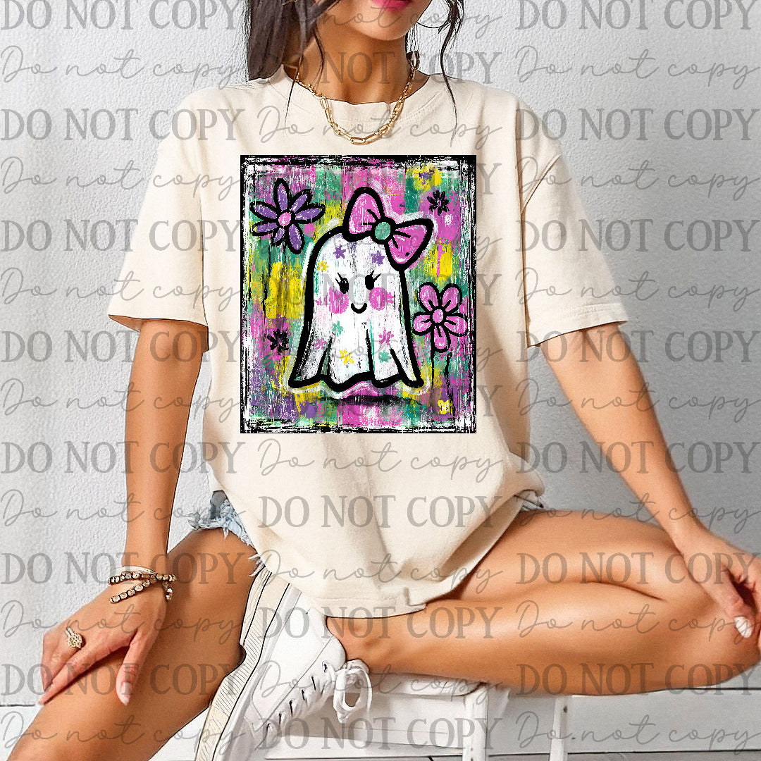 Grungy Ghost with pink bow and flowers (Texas gal) DTF Transfer