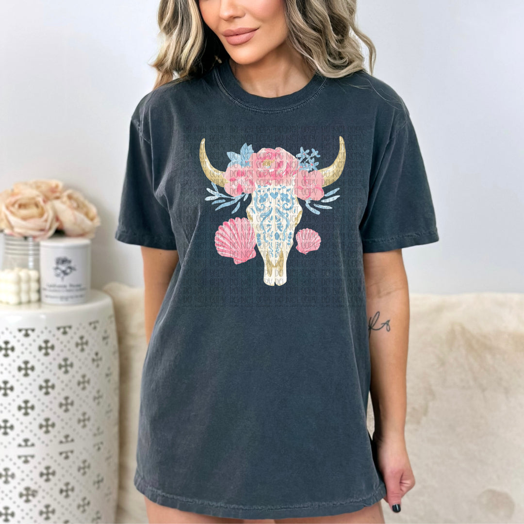 Blue floral bull skull with seashell (Wildflower) DTF Transfer