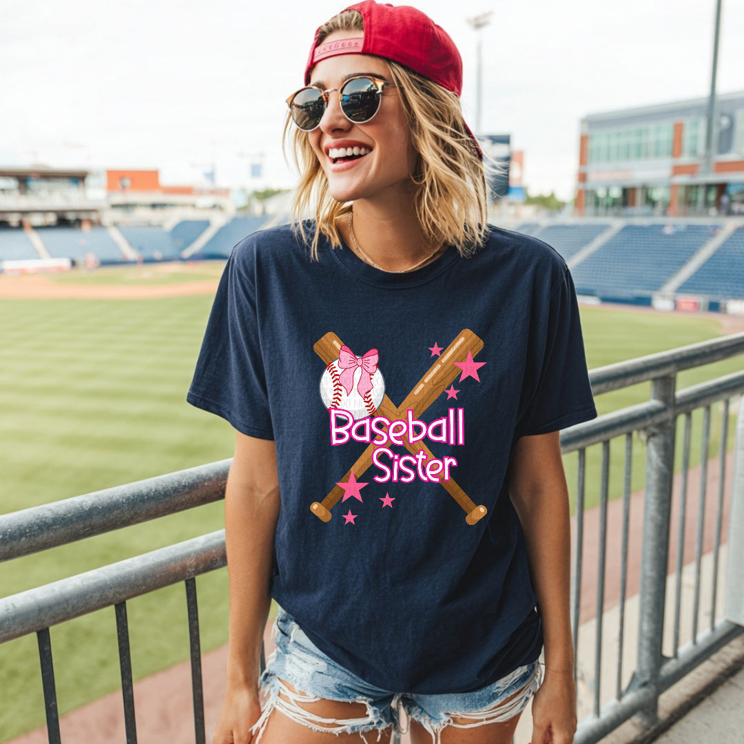 Baseball sister crossed bats PINK bow and stars (Wildflower) DTF Transfer