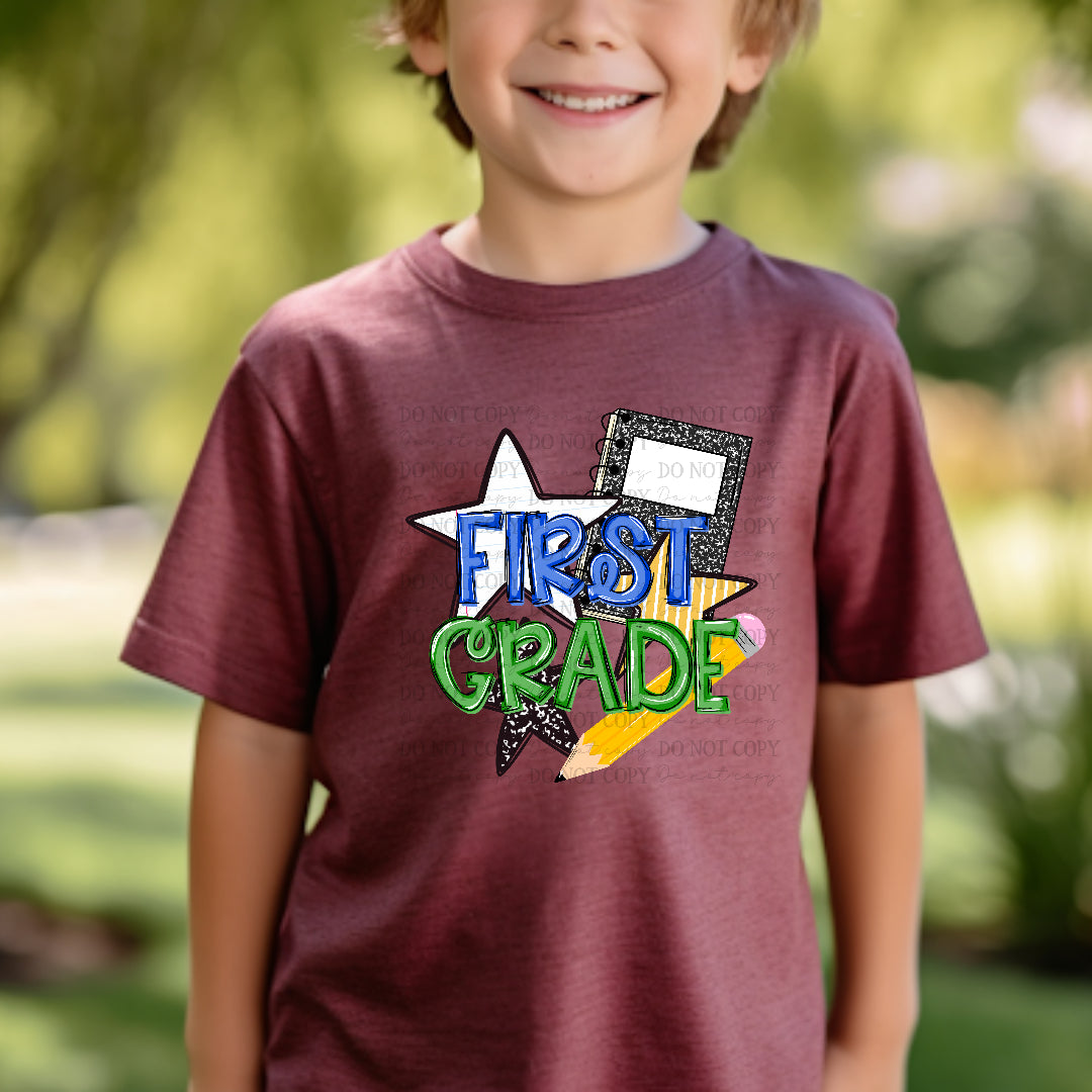 First grade blue and green star and pencil (Carter) DTF Transfer