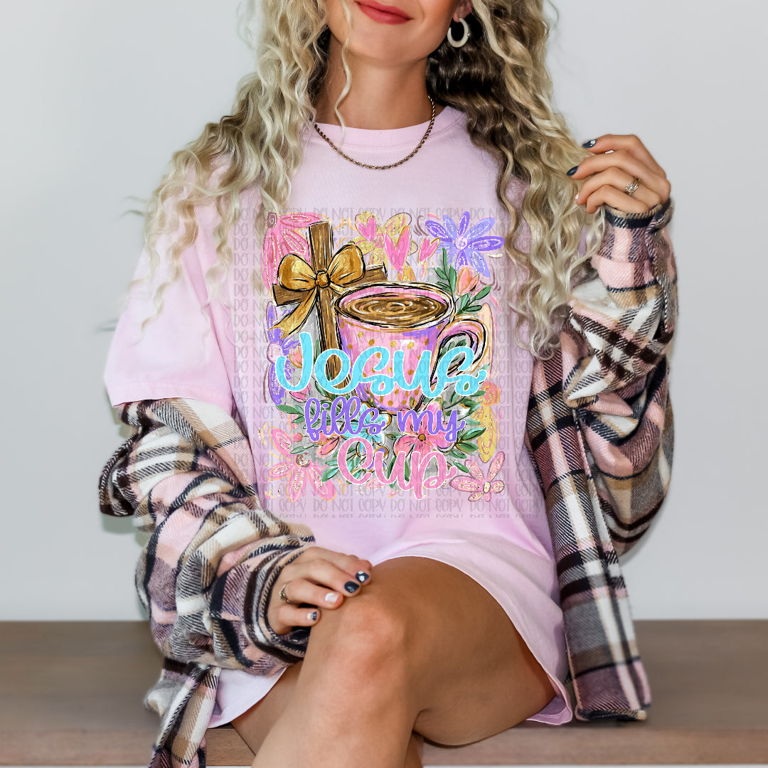 Jesus fills my cup pink mug (SSD) DTF transfer