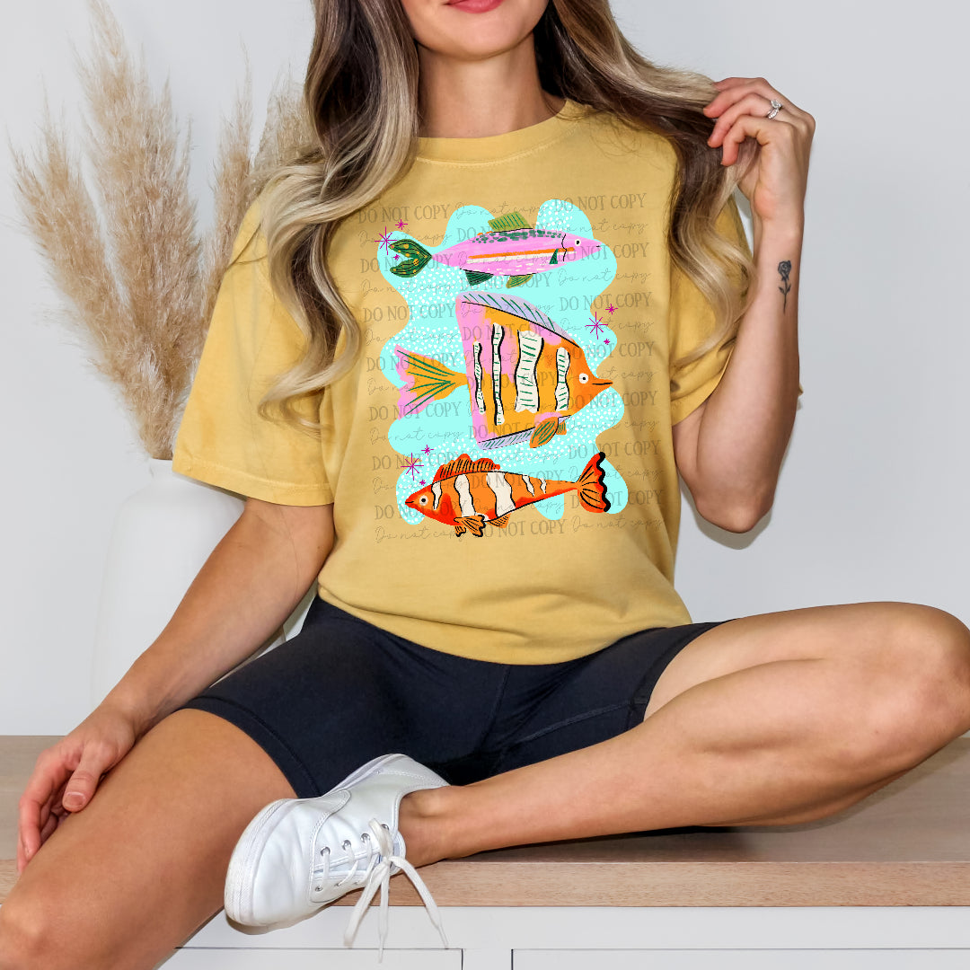 3 fish pink yellow and orange squiggly blue frame (Carter) DTF Transfer