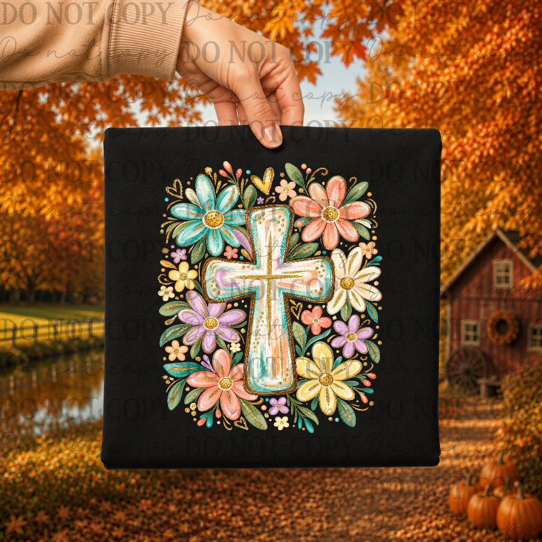 Pastel color cross with flowers and gold (Texas gal) DTF Transfer