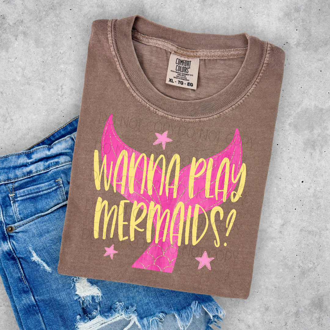 Wanna play mermaids? YELLOW font (Scarlow) DTF Transfer