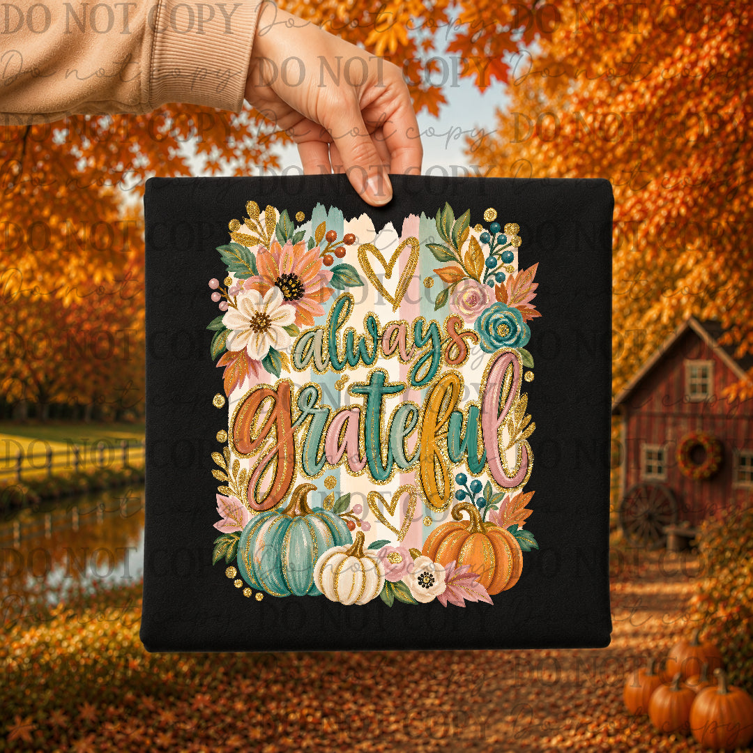 Always grateful with gold and pastel color brush stroke background (Texas gal) DTF Transfer
