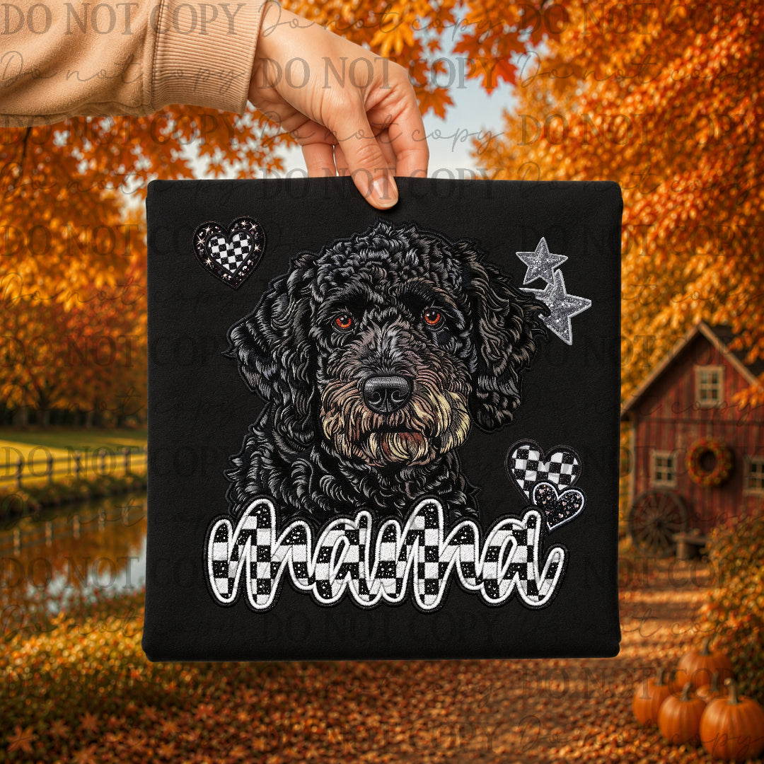 Black doodle dog mama with checkered and stars (DKDBK) DTF Transfer