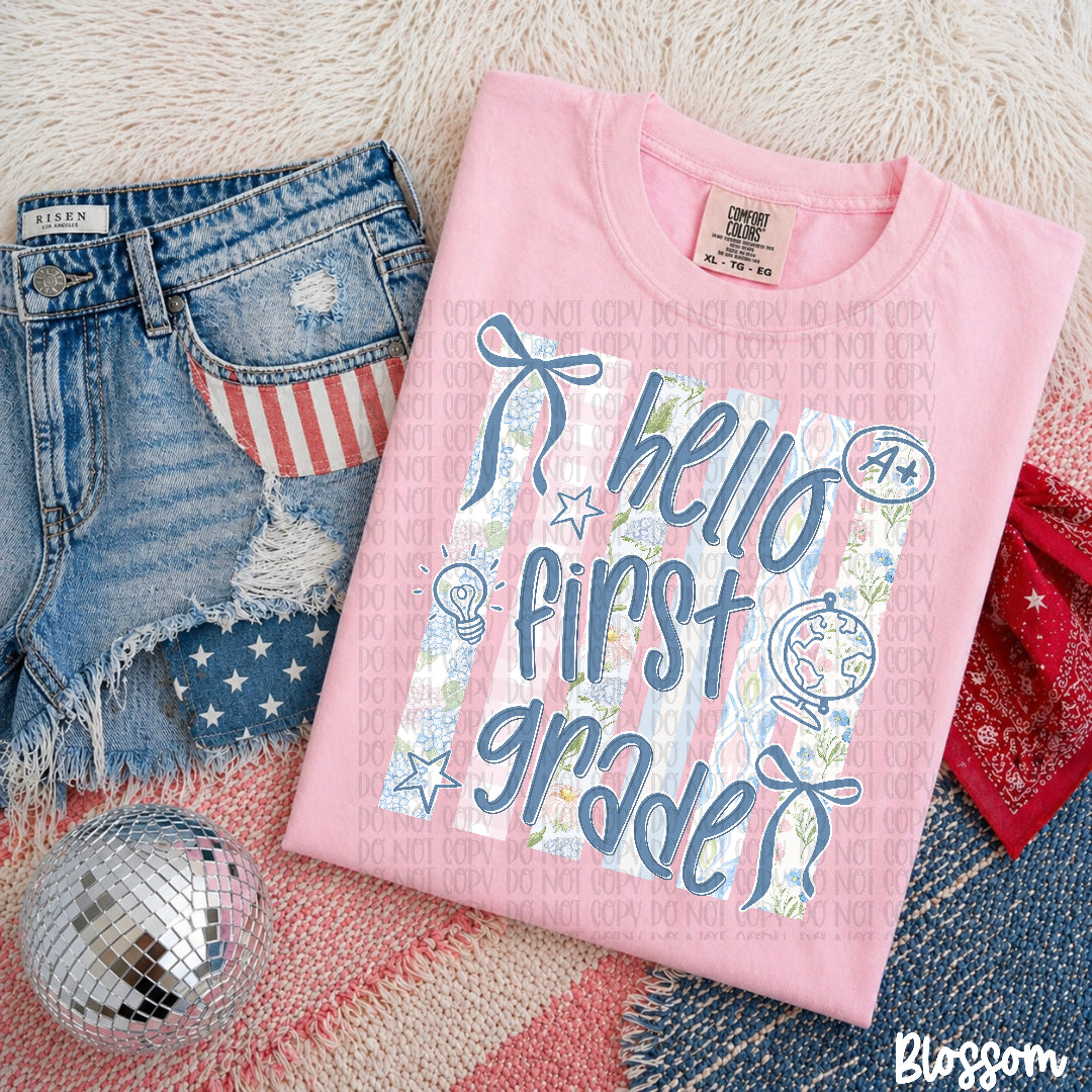 Hello first grade beach stripes DTF Transfer