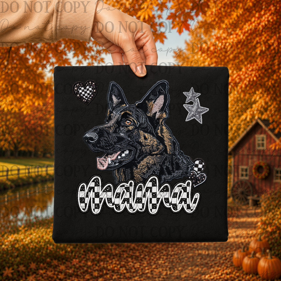 Black German Shepard dog mama with checkered and stars (DKDBK) DTF Transfer