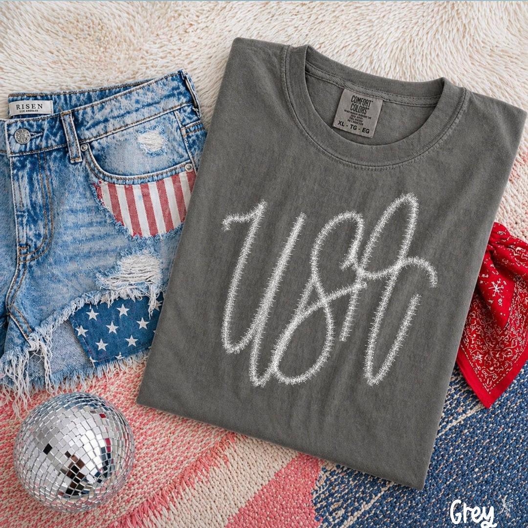 USA faux stitch glitter WHITE (Kai) DTF Transfer