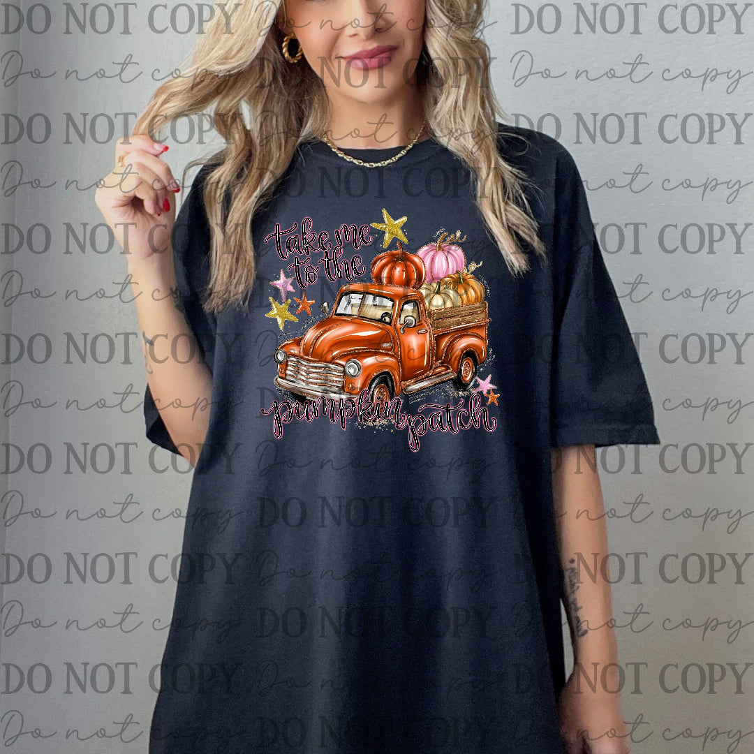 Take me to the pumpkin patch orange truck with stars and pink pumpkin (SSD) DTF Transfer