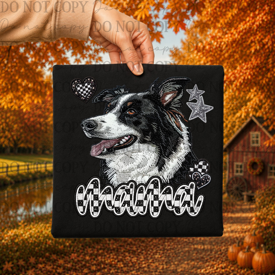 Black Border collie dog mama with checkered and stars (DKDBK) DTF Transfer