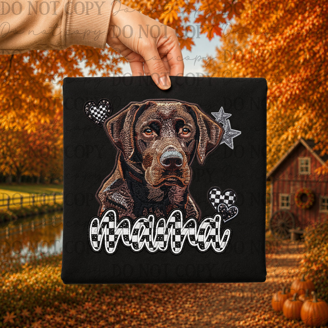 Chocolate Lab dog mama with checkered and stars (DKDBK) DTF Transfer