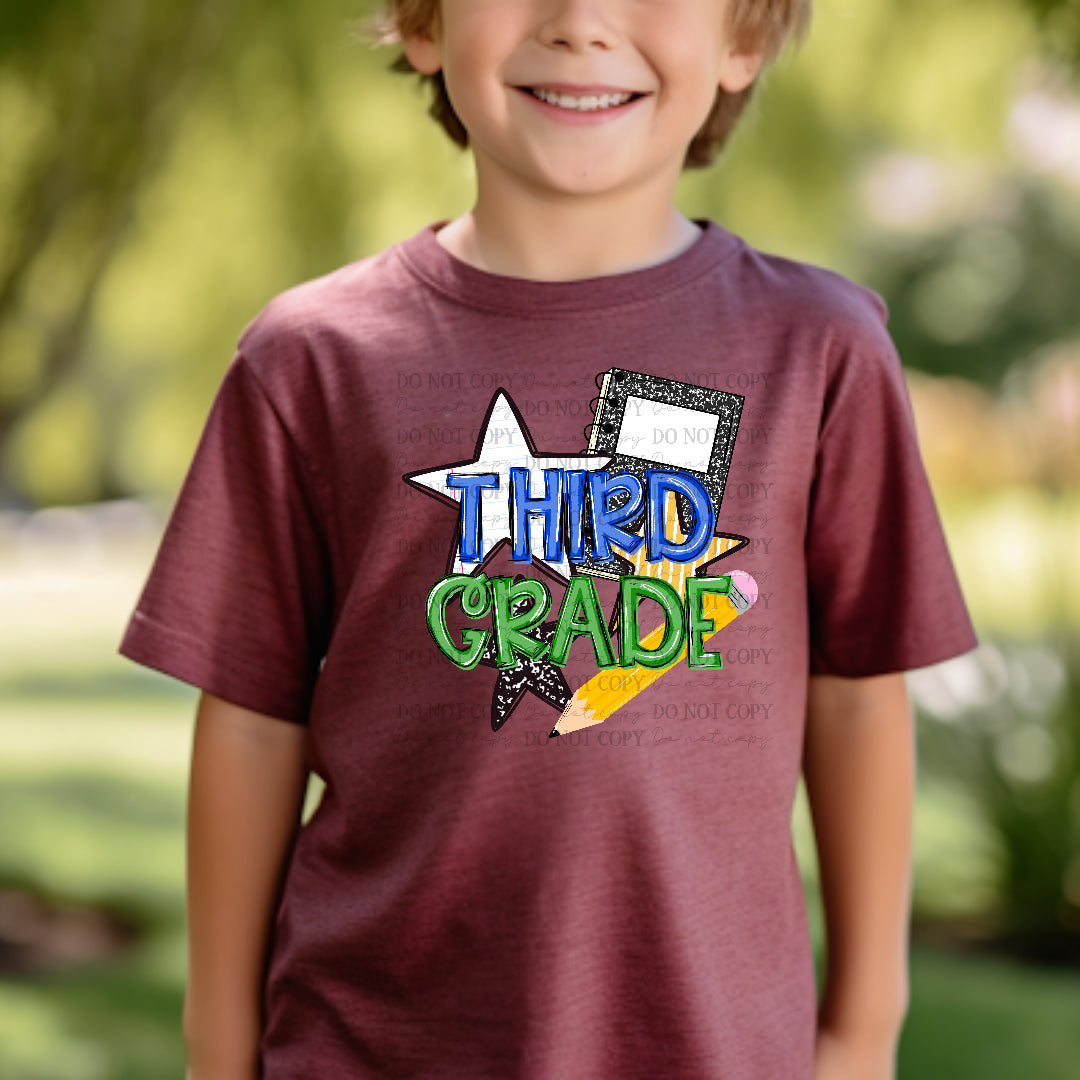 Third grade blue and green star and pencil (Carter) DTF Transfer