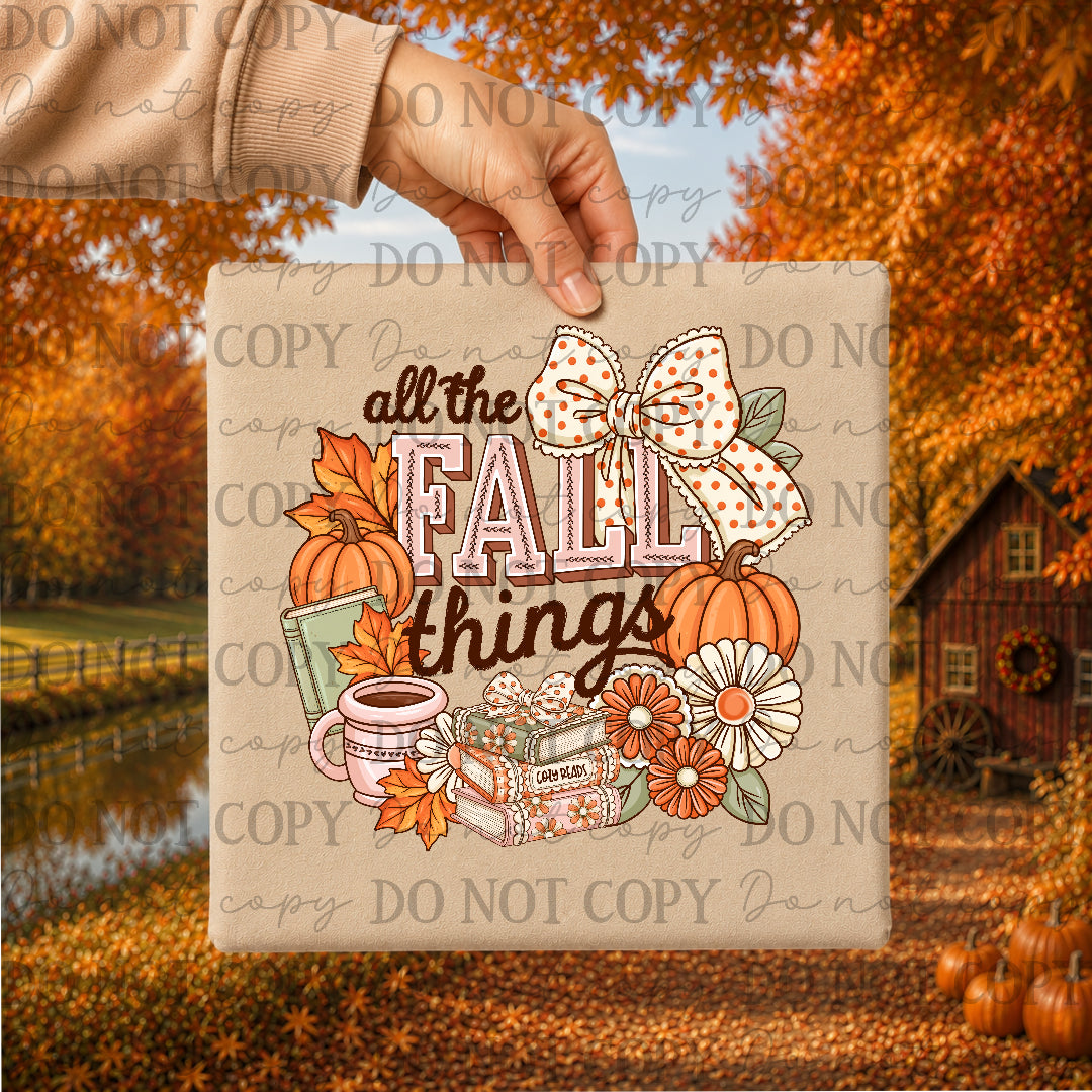 All things fall -book, coffee, pumpkin, and bow (NBC) DTF Transfer
